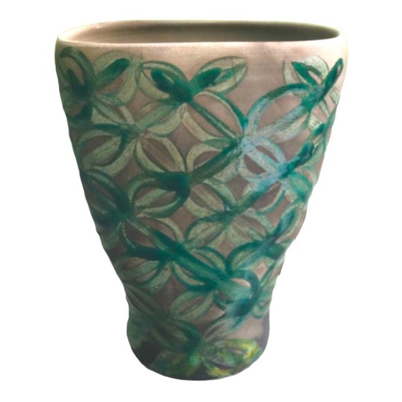 Oval RAKU Pottery Vase with Green Geometric Design - Picture 2 of 6